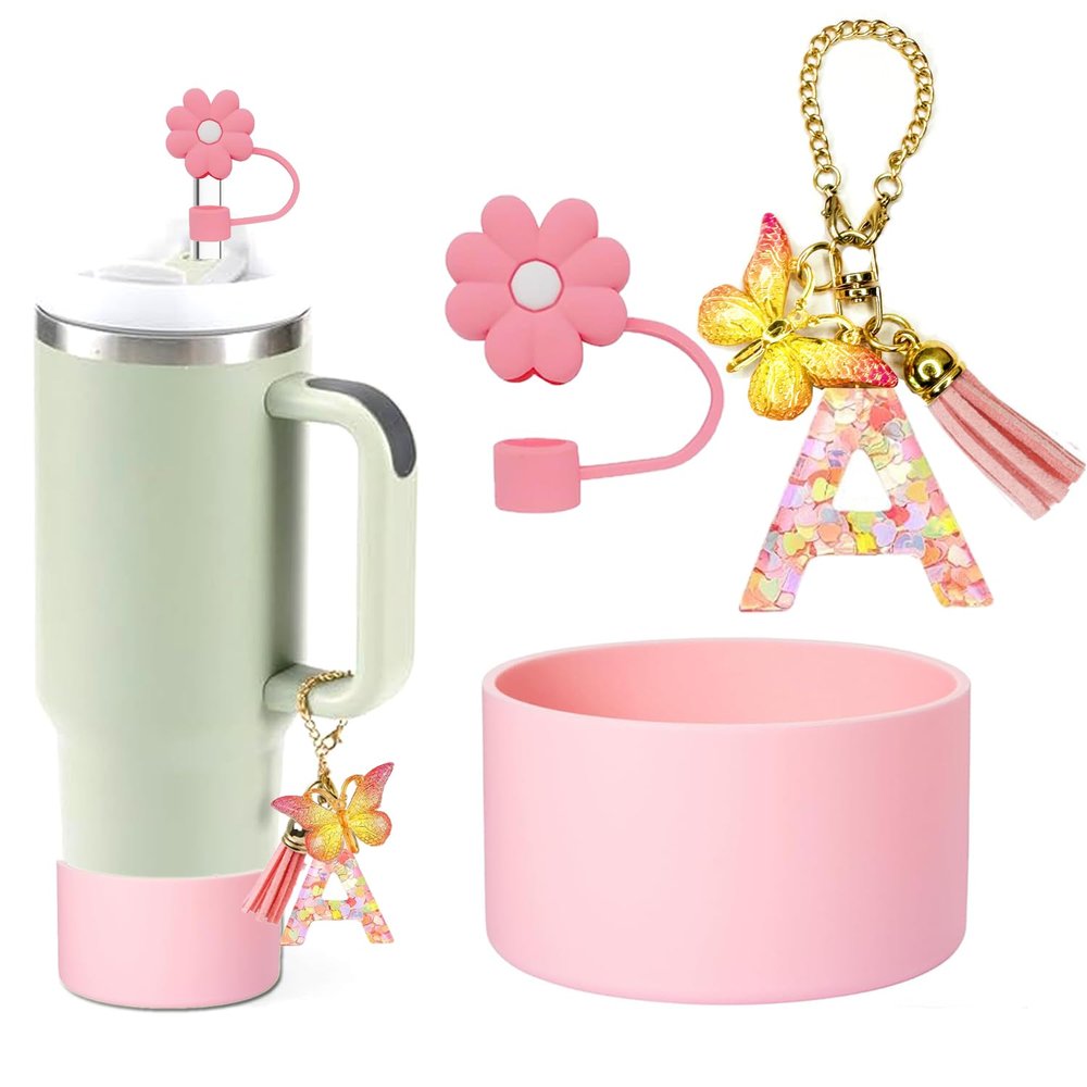 Stanley Cup Accessory Set with Floral Straw Cover, Name Letter, Handle Charm & Silicone Sleeve