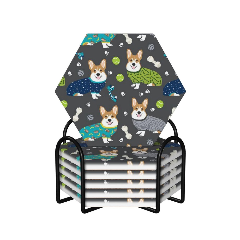 Wearing Clothes Corgi Dogs Print Set of 6 Ceramic Coasters
