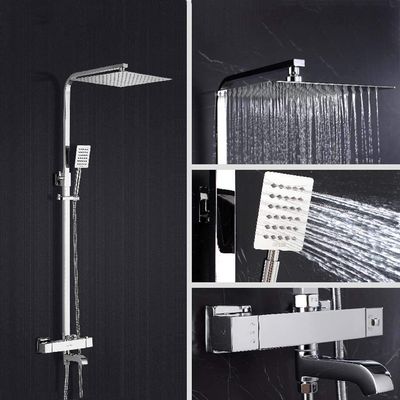 Thermostatic Shower System with Square Mixer, Rain Showerhead and Hand Shower, Adjustable Chrome Brass, B
