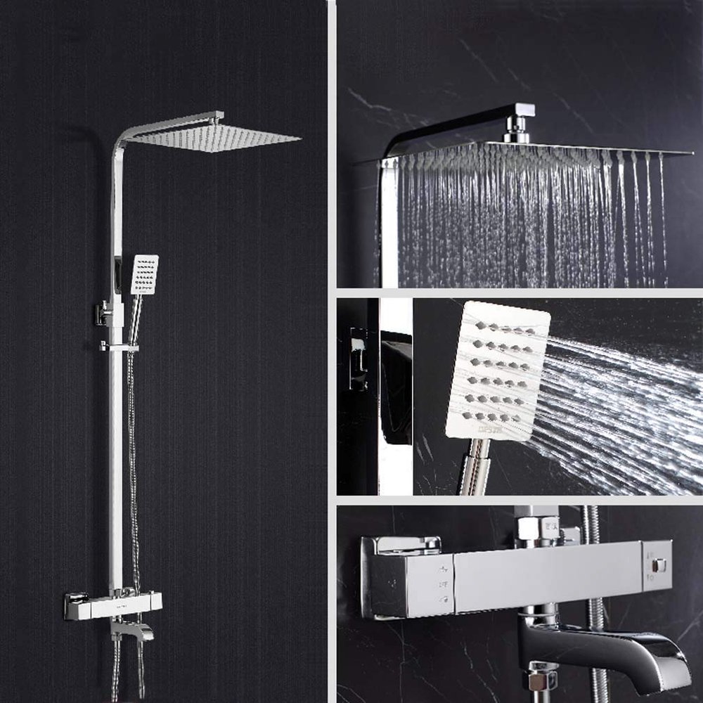 Thermostatic Shower System with Square Mixer, Rain Showerhead and Hand Shower, Adjustable Chrome Brass, B