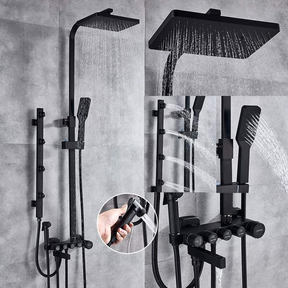 Shower Faucet Set, 5-Function Switch, Wall-Mounted, Rain Shower Head with Hand Shower, Bathtub Spout and Bidet Mixer Faucet, Matte Black