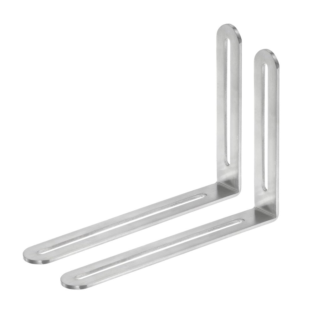 QUARKZMAN 2-Pack Slotted Stainless Steel Angle Brackets, 165 x 120 x 3.2 mm, 90-Degree L Brackets for Furniture and Tables, Silver