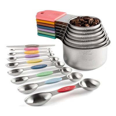 Ruuizksa 16-Piece Magnetic Stainless Steel Measuring Cup and Spoon Set, 7 Cups, 8 Double-Sided Spoons with Leveling Tool, Multicolor