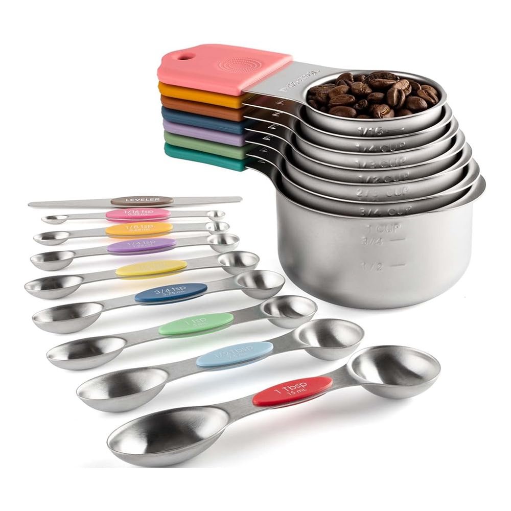 Ruuizksa 16-Piece Magnetic Stainless Steel Measuring Cup and Spoon Set, 7 Cups, 8 Double-Sided Spoons with Leveling Tool, Multicolor