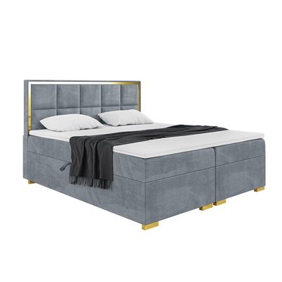 MEBLINI Dani Gold Box Spring Bed with Storage, 200 x 200 cm, H3 Gray Velvet