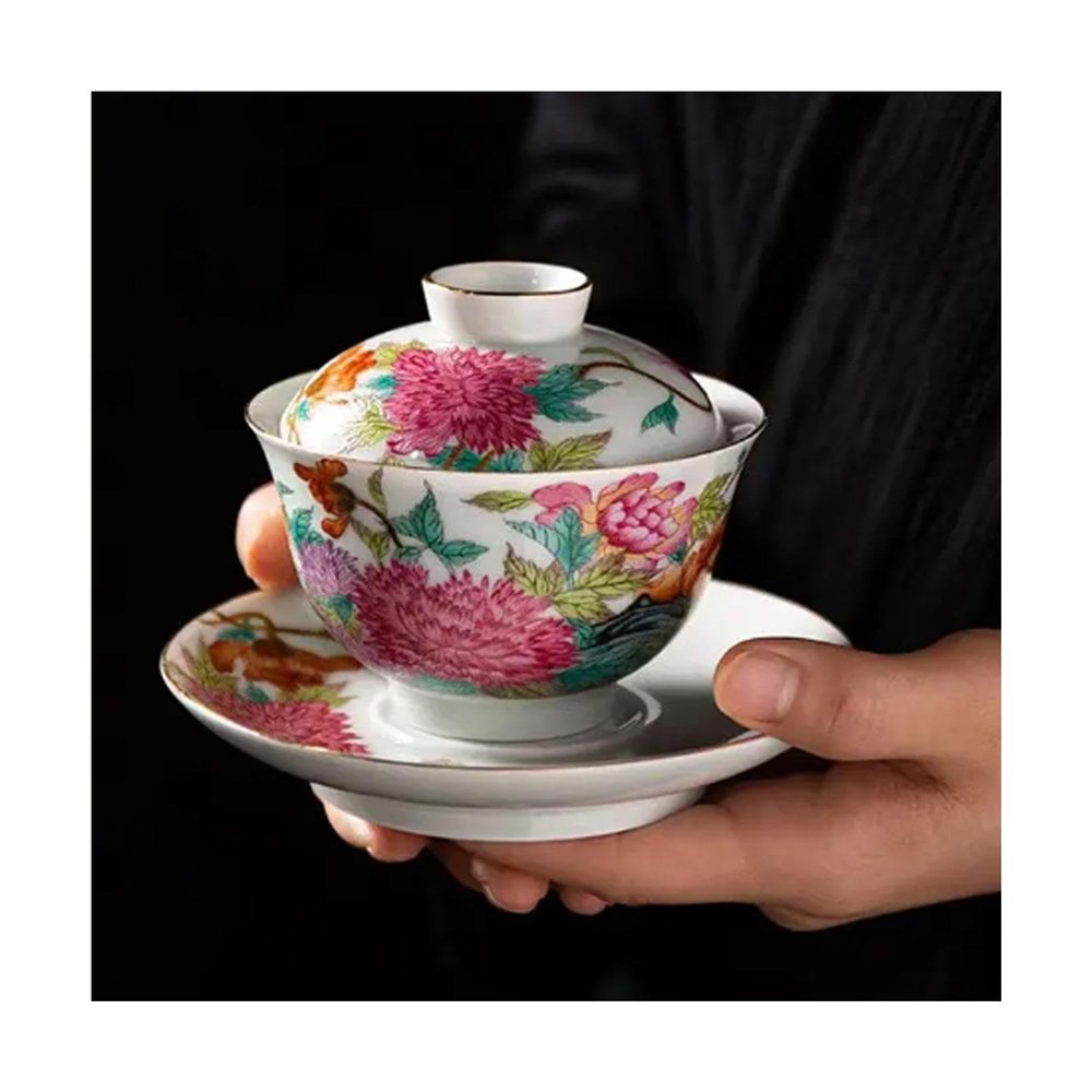 ZZTWER Chinese Palace-Style Ceramic Gaiwan Tea Cup with Lid