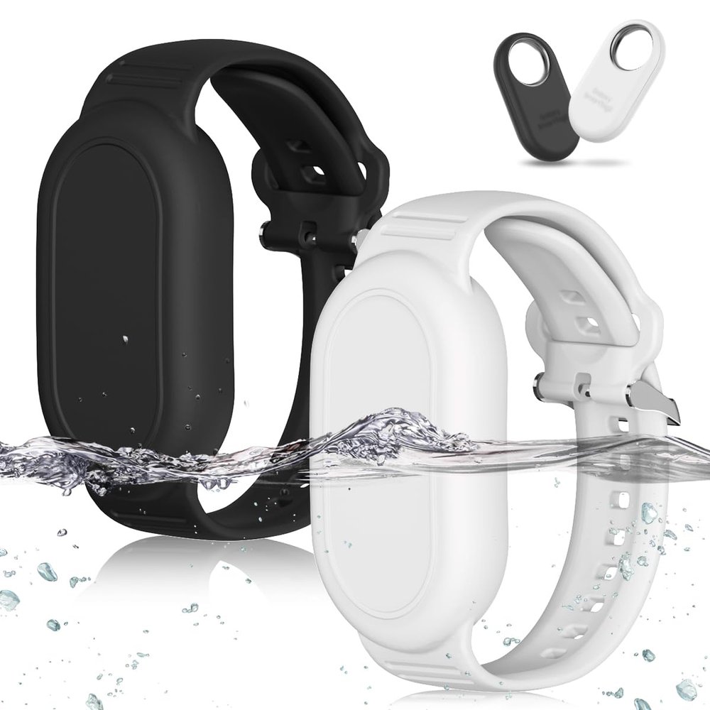 [2-Pack] GPS Tracker Wristbands for Samsung Galaxy SmartTag2 (2023), Soft Silicone, Waterproof, Adjustable, Black + White
