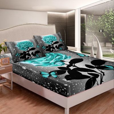 Teal Water Rose Fitted Sheet 140x200 cm – Teal Butterfly Floral Set with 1 Pillowcase