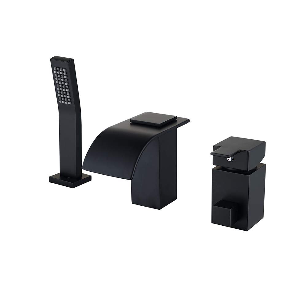BIQSYVTM Waterfall Bathtub Faucet with Hand Shower, 3-Hole Deck-Mount, Black