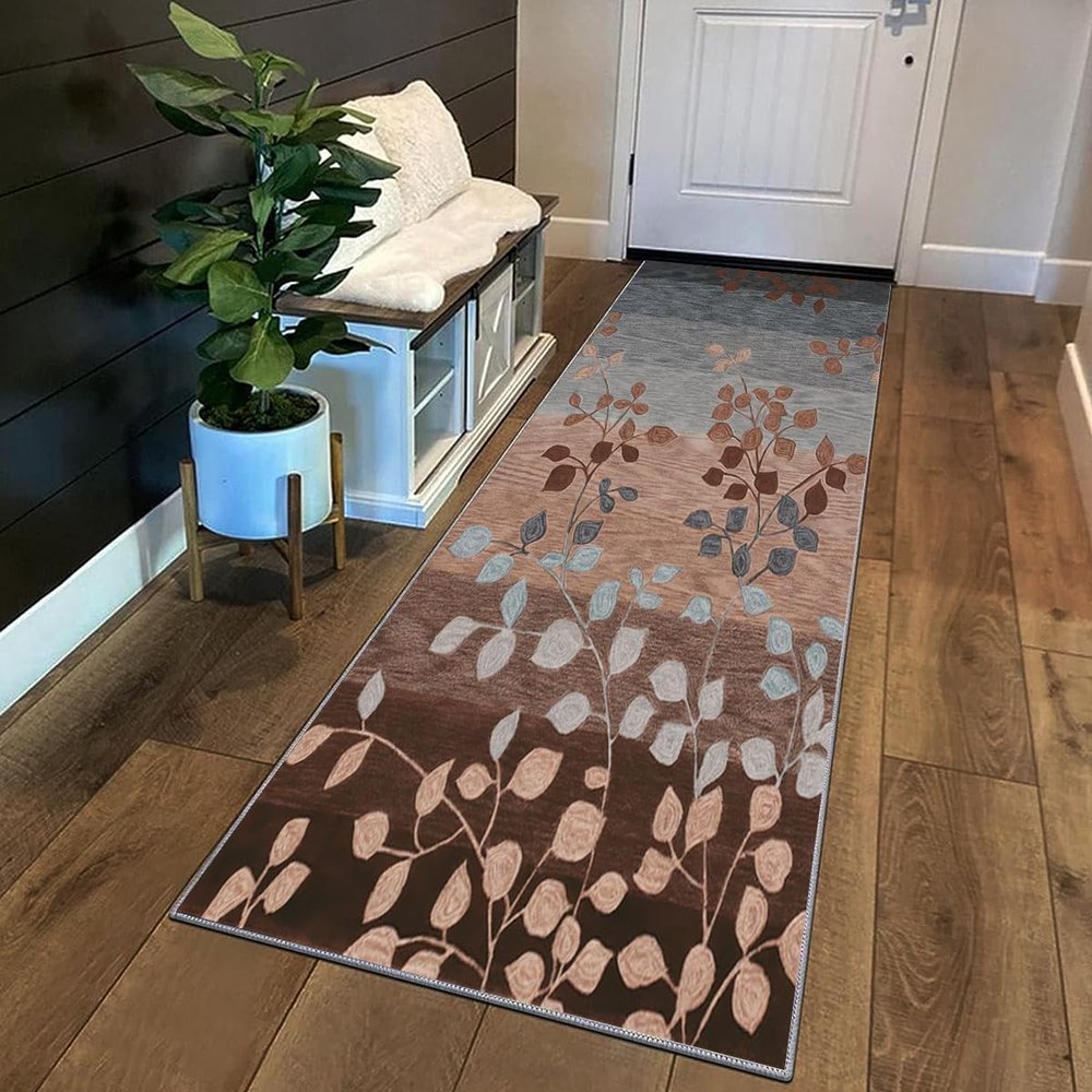 Siunwdiy Hallway Runner Rug, Non-Slip Washable Brown Gray Floral Rug, 120 x 500 cm