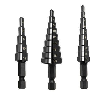 3-Piece 3–12 mm HSS Step Drill Bit Set, Nitrogen-Coated High-Speed Steel, Spiral, for Metal