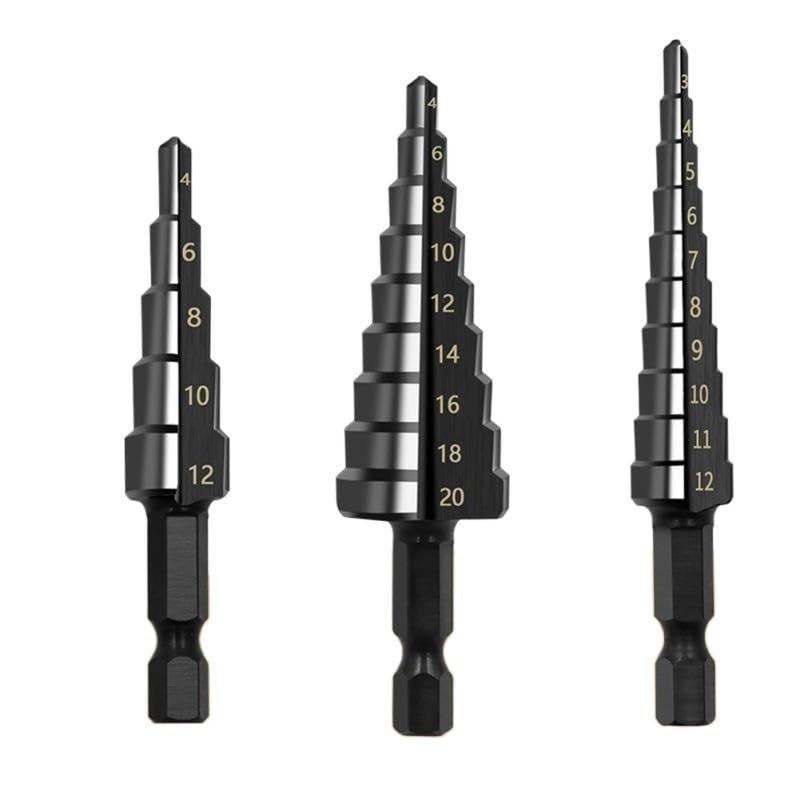 3-Piece 3–12 mm HSS Step Drill Bit Set, Nitrogen-Coated High-Speed Steel, Spiral, for Metal