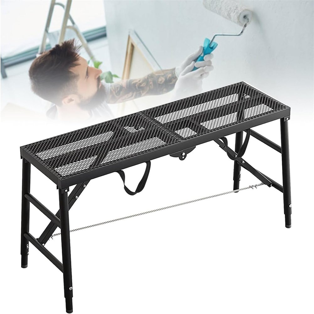 Portable Folding Multipurpose Step Ladder Work Platform, Height-Adjustable, Galvanized Steel, 900-lb Capacity