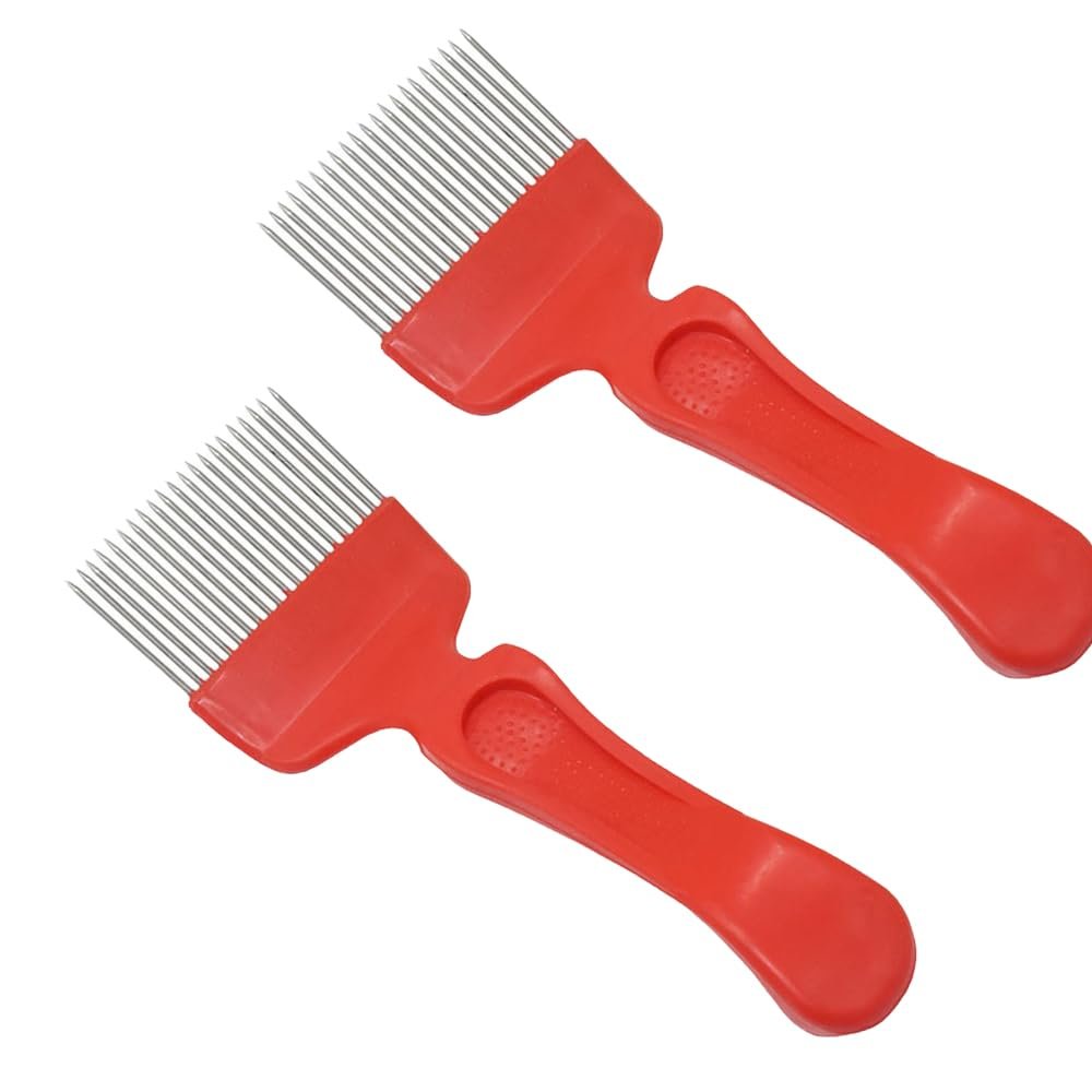 Bee Uncapping Fork, Stainless Steel, 21 Tines, Straight Beekeeping Tool, Red, 2 Pieces
