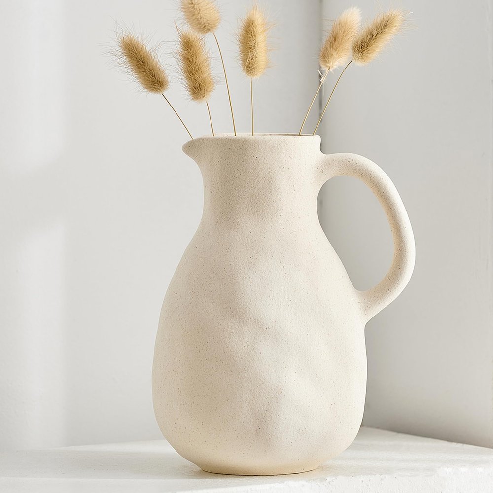 Octdays Rustic White Ceramic Vase with Handle