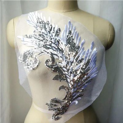 Lace Embroidery Sequin Feather Applique for Sewing, Purple/Silver