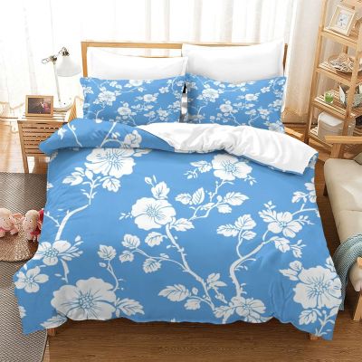 White Floral 3D-Printed Duvet Cover Set on Sky Blue, 3-Piece, Soft Microfiber, Super King 260 x 220 cm