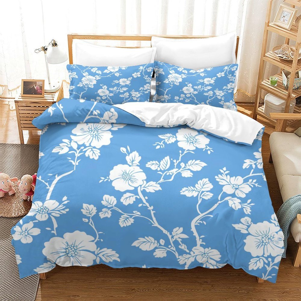 White Floral 3D-Printed Duvet Cover Set on Sky Blue, 3-Piece, Soft Microfiber, Super King 260 x 220 cm