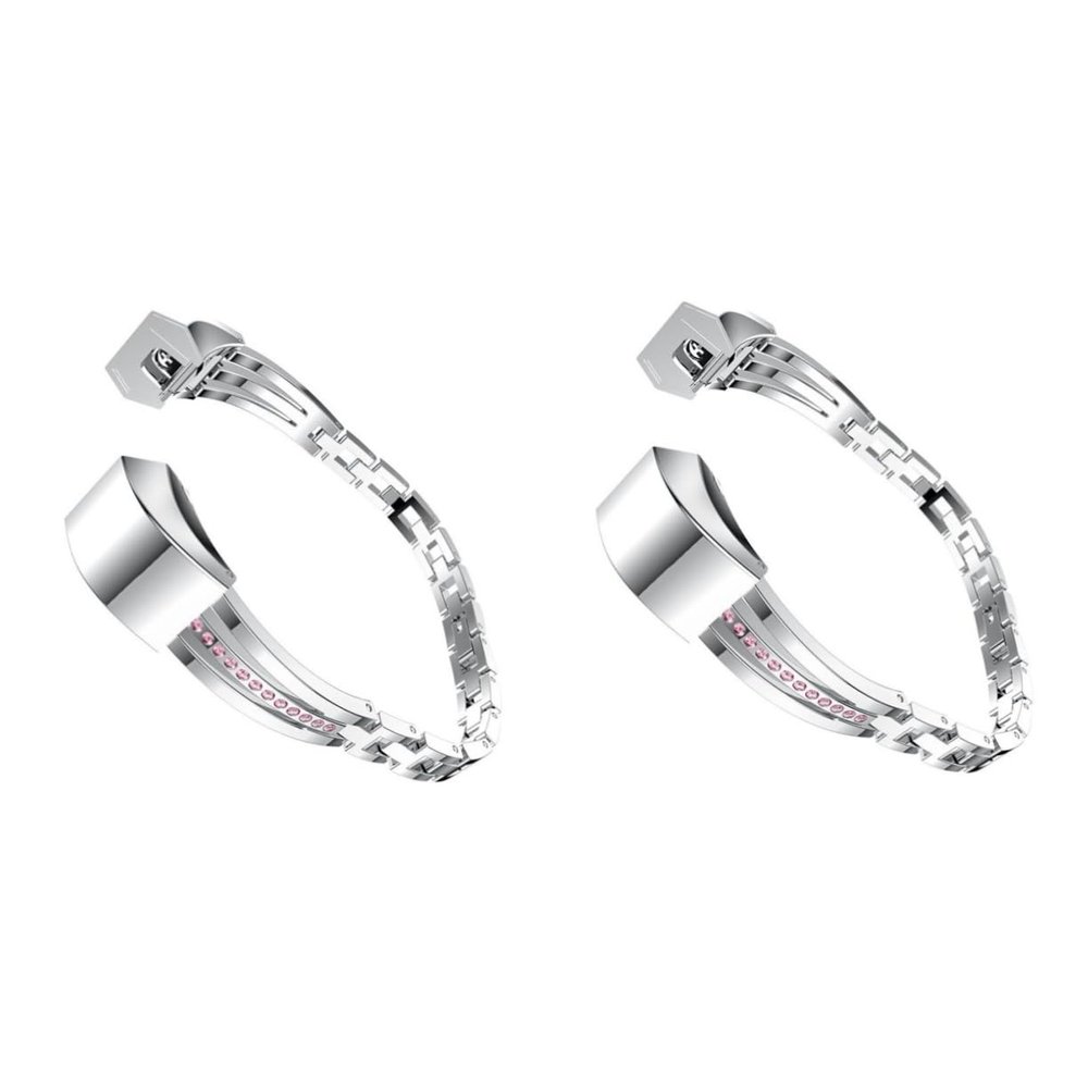 HOMSFOU 2-Piece Stainless Steel Rhinestone Link Band for Smartwatch, Silver and Rose, for Alta and Alta HR