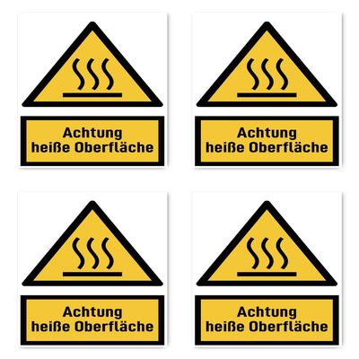 Stickers: 150 x 100 mm, 4 pcs – Warning: Hot Surface, German Text, Yellow/Black, Portrait – W017