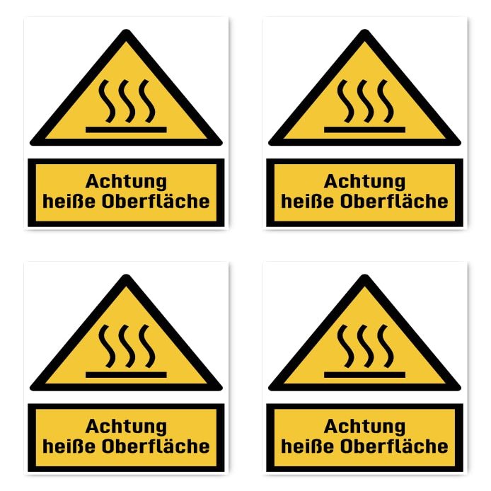 Stickers: 150 x 100 mm, 4 pcs – Warning: Hot Surface, German Text, Yellow/Black, Portrait – W017