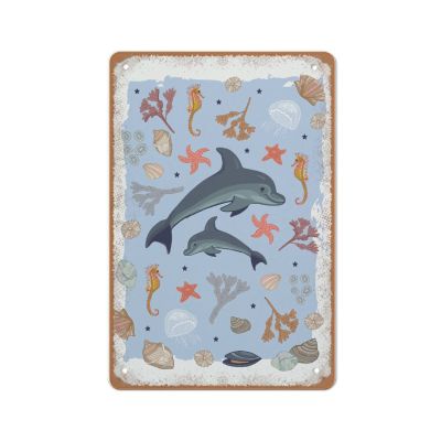 KOPUTE Dolphin and Shell Vintage Wall Art Tin Sign, 14 x 20 cm