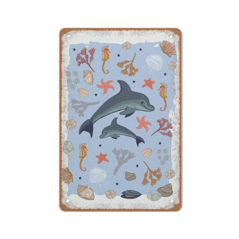 KOPUTE Dolphin and Shell Vintage Wall Art Tin Sign, 14 x 20 cm