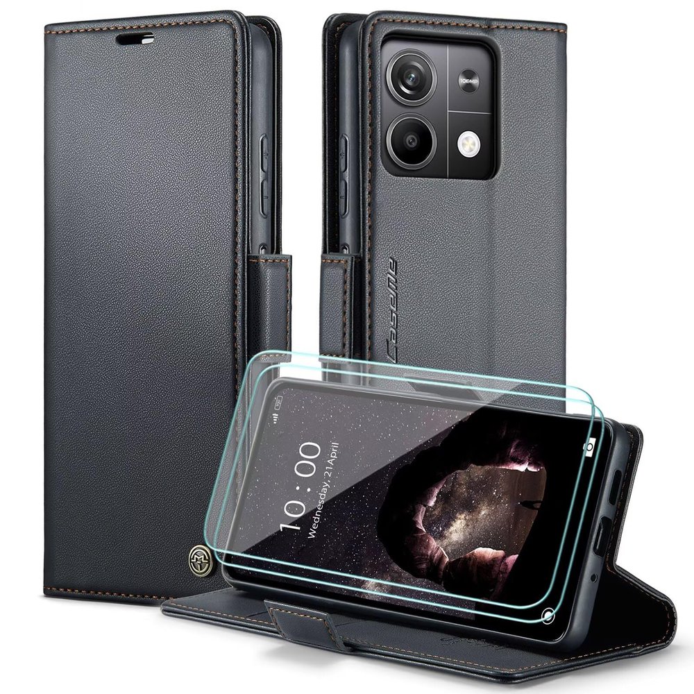 FERLAN Wallet Case for Xiaomi Redmi Note 13 5G with 2 Tempered Glass Protectors, Premium PU Leather, RFID Blocking, Card Slots, Black