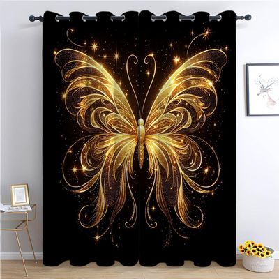 2-Piece Curtain Set, 245 x 140 cm Each, Gold Butterfly & Starry Sky Pattern, Blackout Thermal Curtains with Grommets