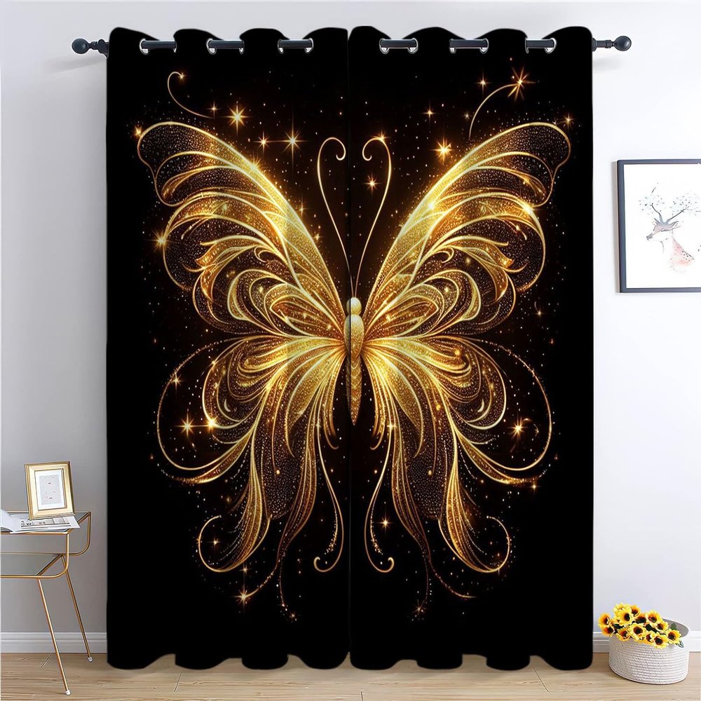 2-Piece Curtain Set, 245 x 140 cm Each, Gold Butterfly & Starry Sky Pattern, Blackout Thermal Curtains with Grommets