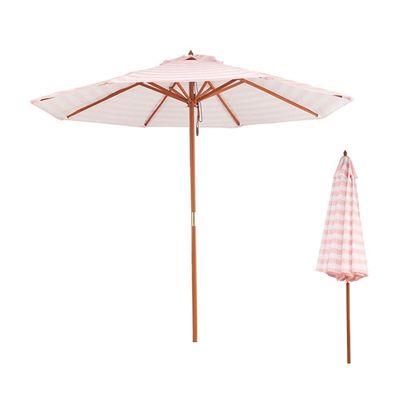 270 cm Patio Umbrella, Pink and White Striped Wooden Market Umbrella with Pulley, UV Protection