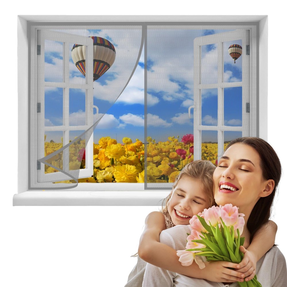 Magnetic Fly Screen for Windows, 60 x 200 cm, Insect Screen with Aluminum Frame & Clear View, Gray