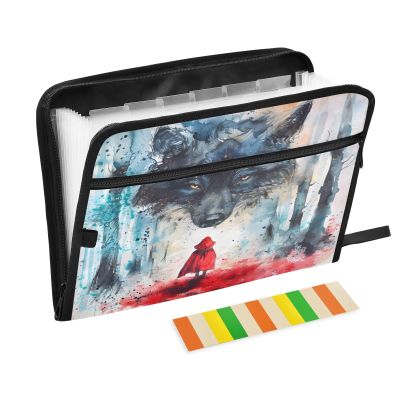 Accordion File Folder with 13 Pockets, Labels, Zipper, Wolf Design