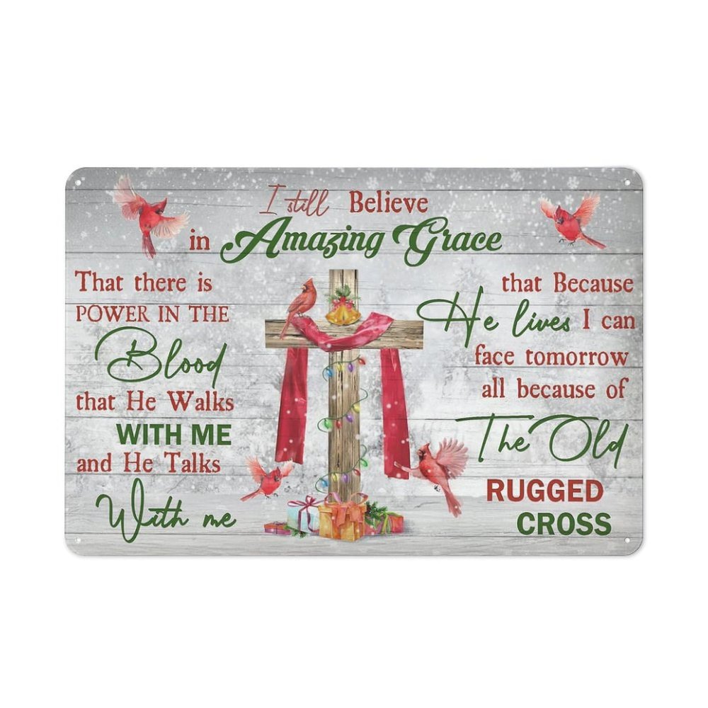 kisoyo Rustic Metal Sign, Christmas Cardinal Cross, “I Still Believe in Amazing Grace” Jesus Wall Art, 8 x 12 in