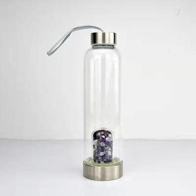 Natural Crystal Water Bottle, Reusable Gemstone Water Bottle, Quartz Crystal Point Reiki Healing Crystal Energy Elixir-Infused Glass Bottle, 550 mL / 18 oz