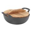 Topiky Cast Iron Wok Pan with 2 Handles and Wooden Lid, Uncoated Traditional Chinese Wok, Flat-Bottom Deep Frying Pan for Electric, Induction, and Gas Stoves view 1