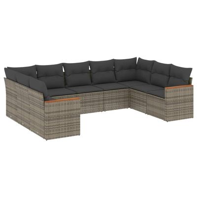 vidaXL 9-Piece Garden Sofa Set with Cushions, Gray Poly Rattan