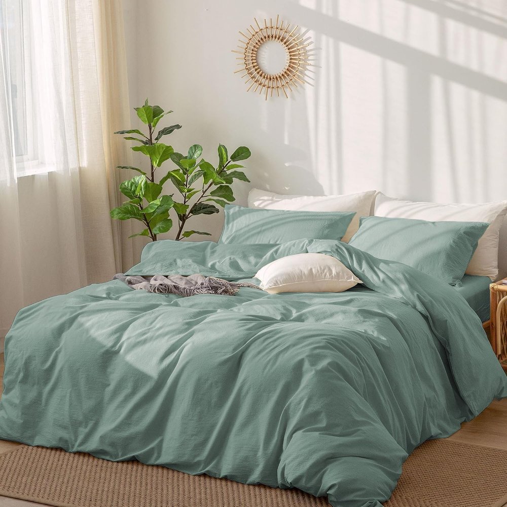 DXHOME 3-Piece Cotton Duvet Cover Set, 155 x 220 cm, Sage Green