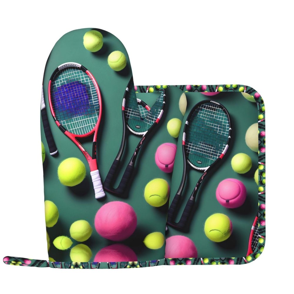 Funny Tennis Rackets and Balls Oven Mitt and Pot Holder Set, 2-Piece