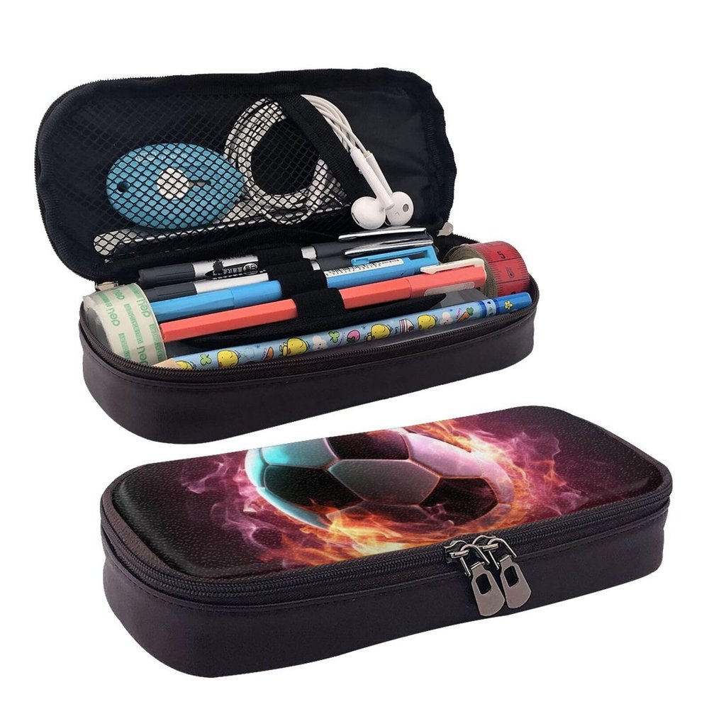 RLDOBOFE Leather Pencil Case, Large Capacity, Double-Zip Organizer, Fireball