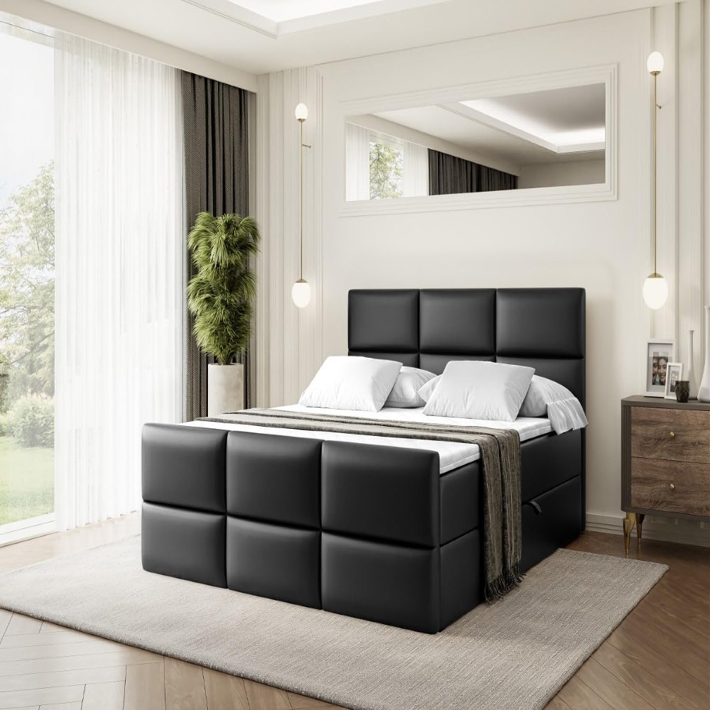 ALTDECOR Ohio-Z Box Bed with H3 Mattress, Footboard, 180 x 200 cm, Black