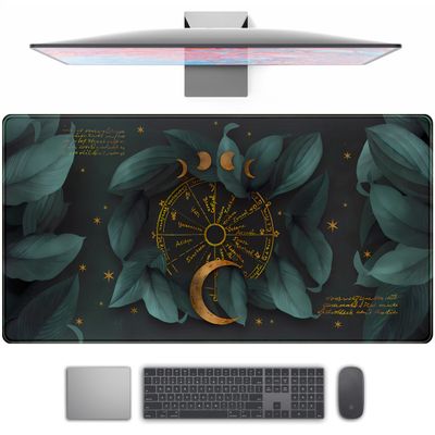 XXL Gaming Mouse Pad, Dark Green Forest Leaves with Gold Moon, 80 x 40 cm
