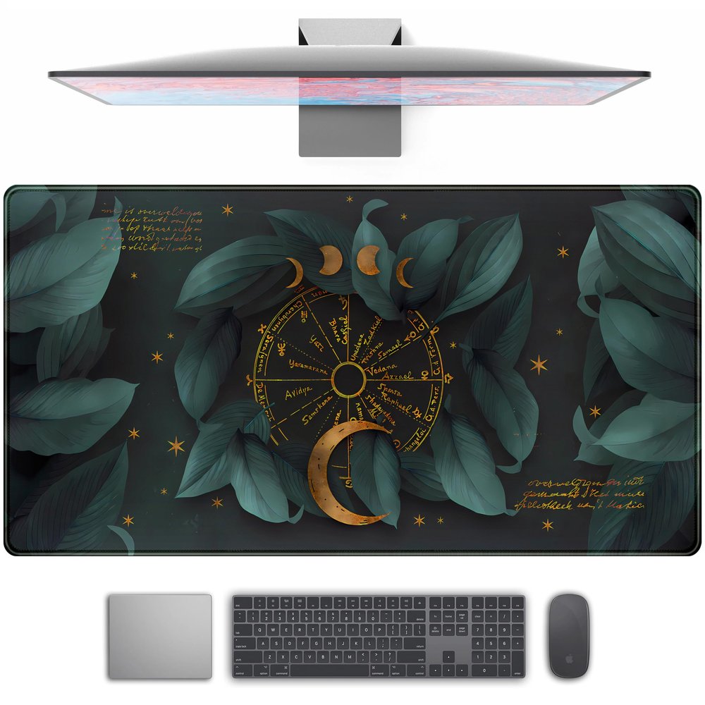 XXL Gaming Mouse Pad, Dark Green Forest Leaves with Gold Moon, 80 x 40 cm