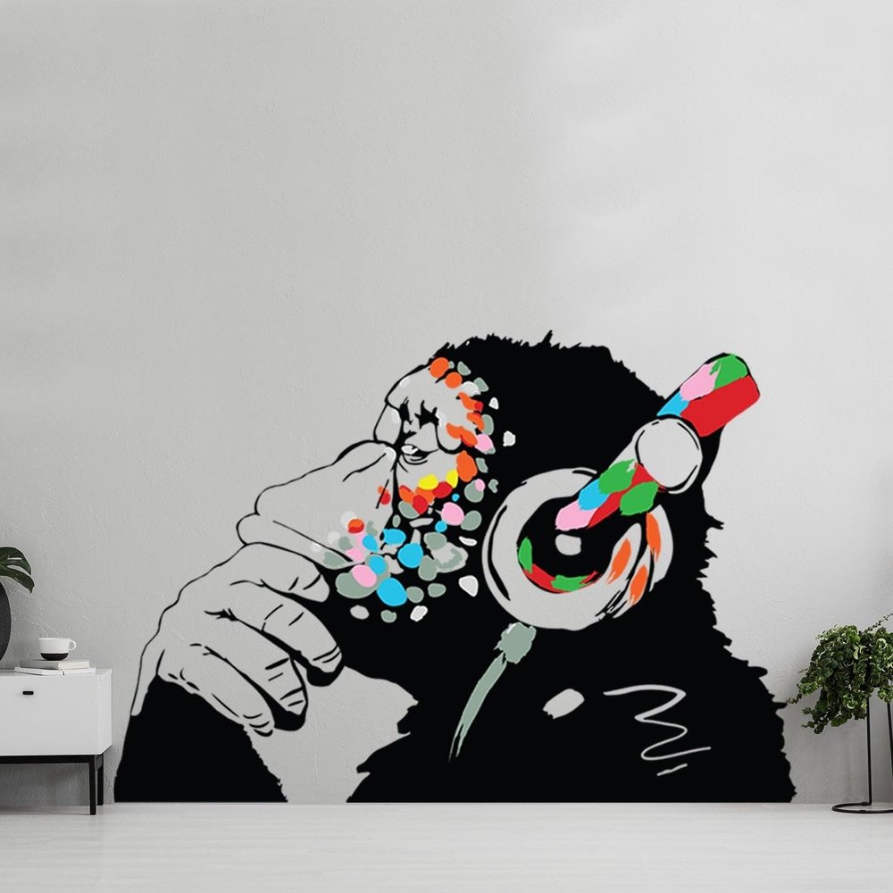 Banksy Monkey Headphones Stickers - Graffiti Wall Decal, 47 x 33 cm
