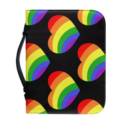 ZDCUSTOM Bible Cover with Rainbow Heart and LGBT Flag, Bible Bag with Handle and Zipper Pocket, PU Leather, XL