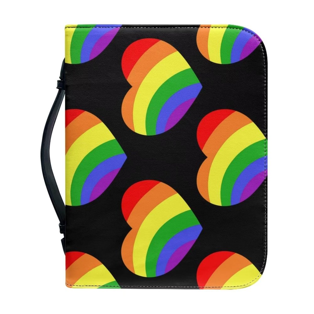 ZDCUSTOM Bible Cover with Rainbow Heart and LGBT Flag, Bible Bag with Handle and Zipper Pocket, PU Leather, XL