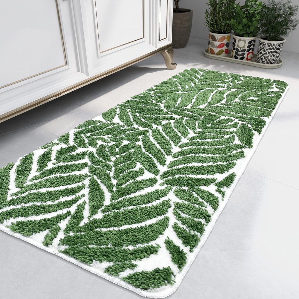 Homantic Dark Green Bathroom Runner with Leaf Motif, 60 x 150 cm