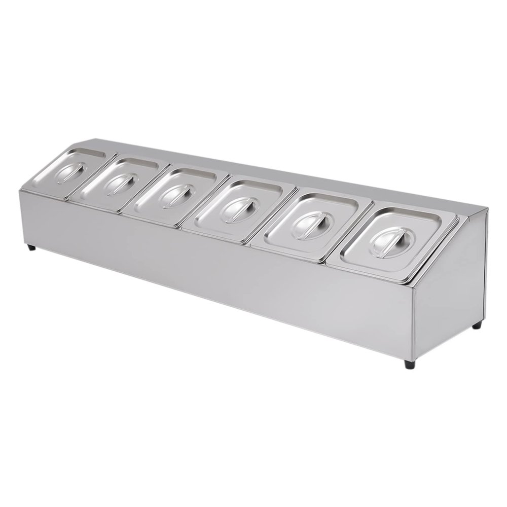 Lilyeriy Stainless Steel Countertop Ingredient Rail with 6 Lids, GN 1/6 Containers