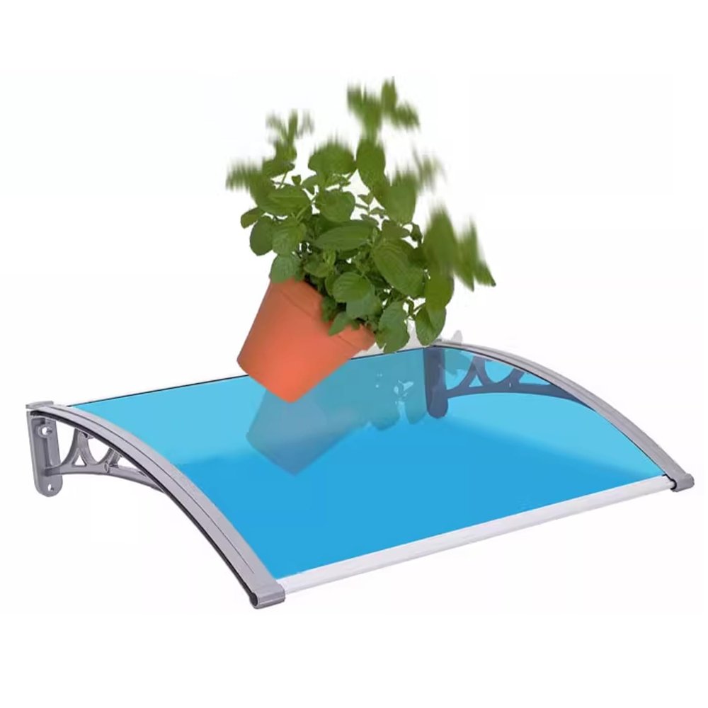 Curved Door Awning, Silver-Gray Aluminum Brackets, Blue Polycarbonate Panel, 60 x 420 cm