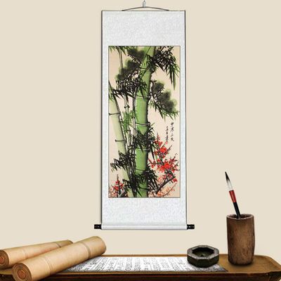 GERANWEI Chinese Hanging Scroll, Traditional Chinese Silk Painting and Calligraphy, Chinese Art (Bamboo)